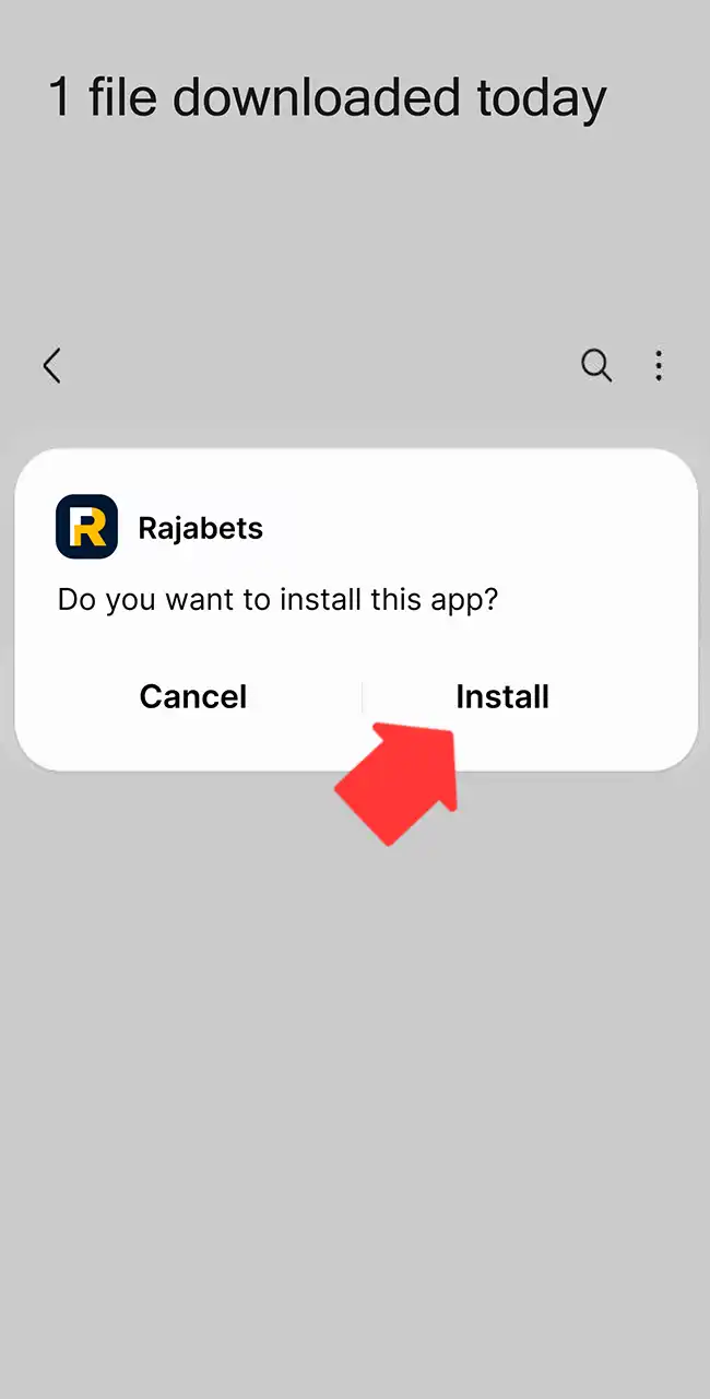 Diálogo de Android que pregunta si quieres instalar la app de Rajabets, con una flecha en Install