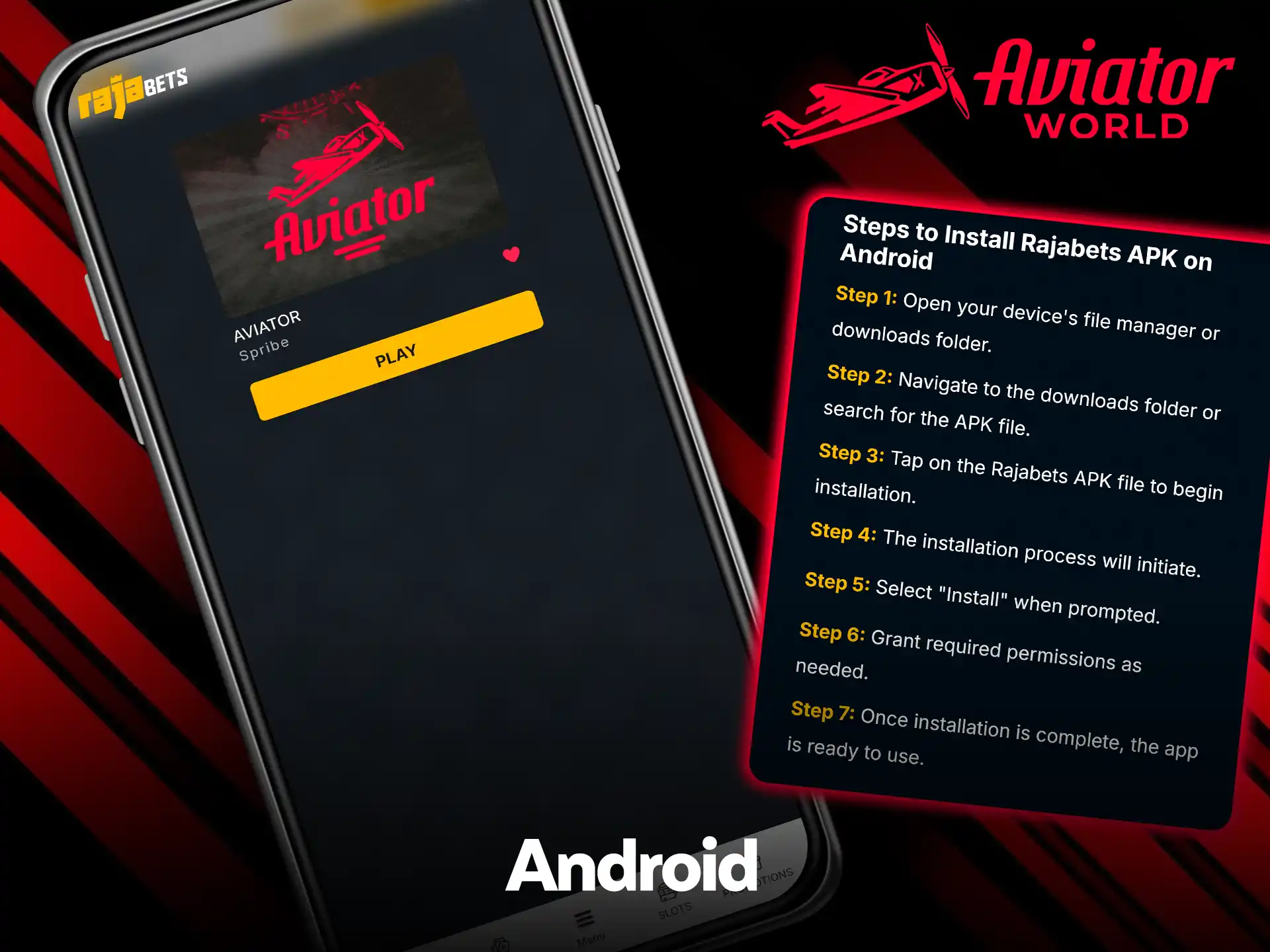 Aviator de Spribe con un botón Play en la app de Rajabets, junto a una tarjeta con siete pasos para instalar el APK de Rajabets en Android