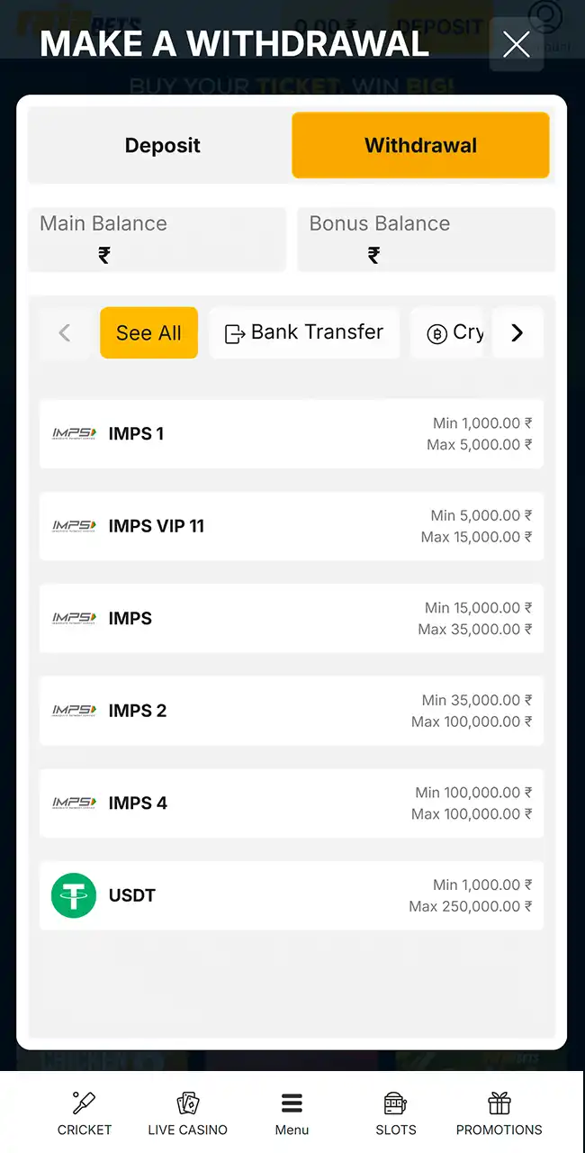 Ventana Make a Withdrawal de Rajabets con las opciones de transferencia bancaria y USDT y sus límites