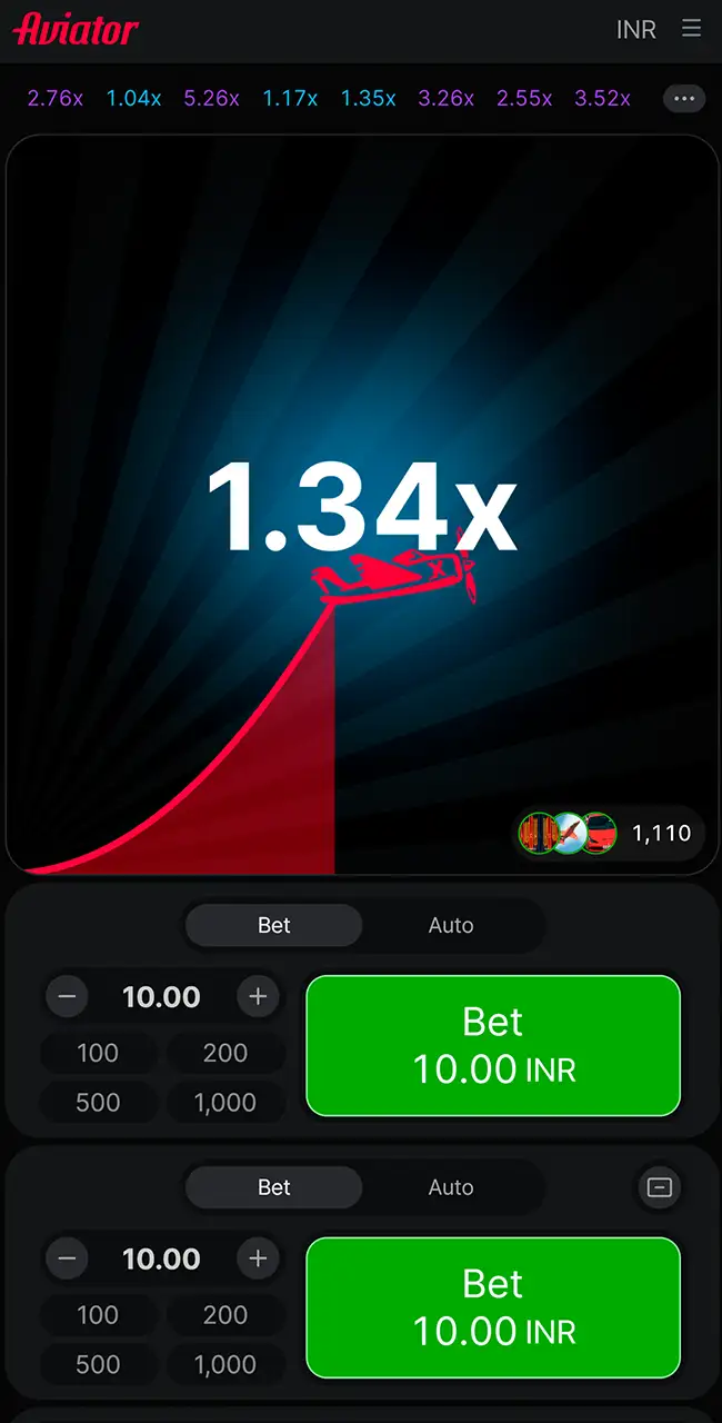 Aviator de Spribe durante una ronda a 1.34x, con el historial de multiplicadores y dos paneles Bet