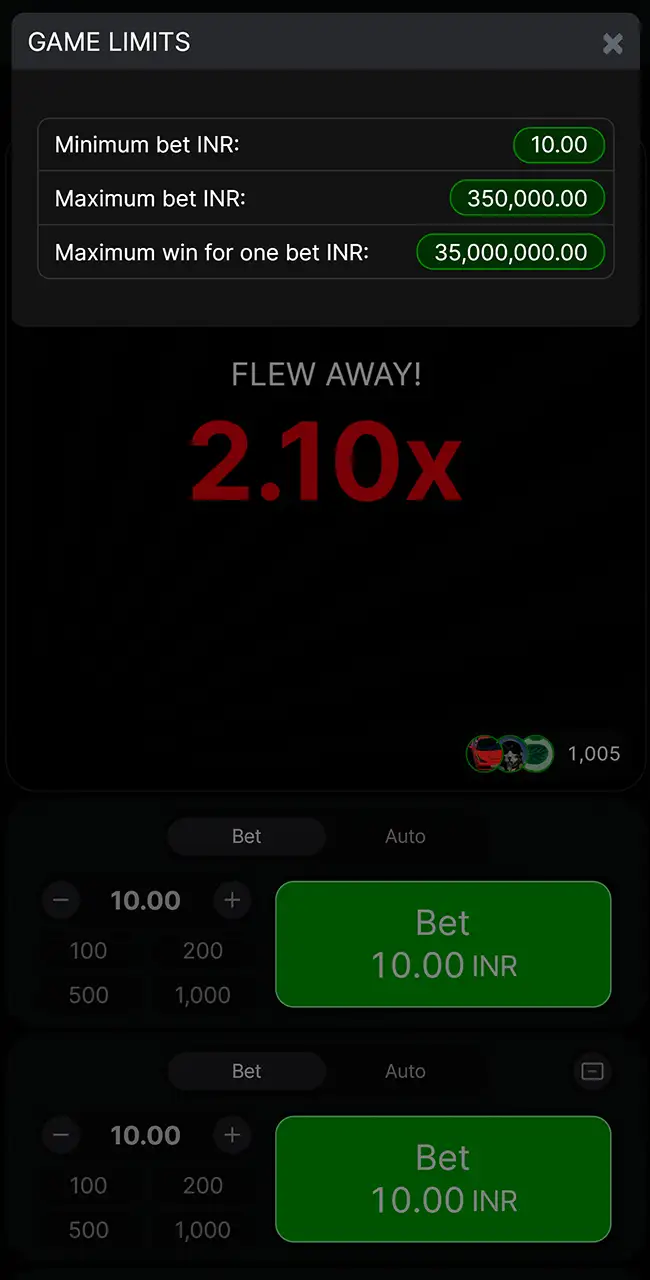 Ventana Game Limits de Aviator con la apuesta mínima, la apuesta máxima y la ganancia máxima por apuesta