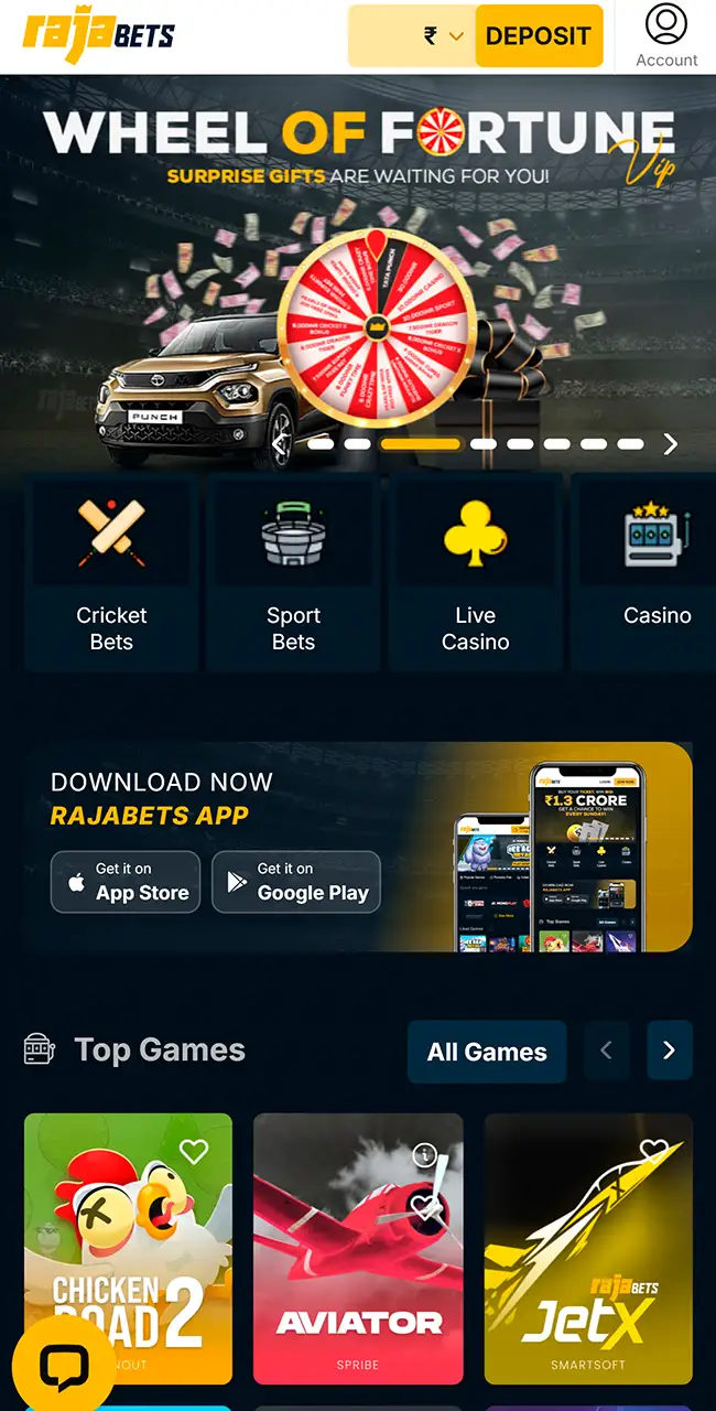 Página de inicio de Rajabets en un teléfono con un bloque Download now Rajabets app y la ficha de Aviator etiquetada como Spribe en Top Games
