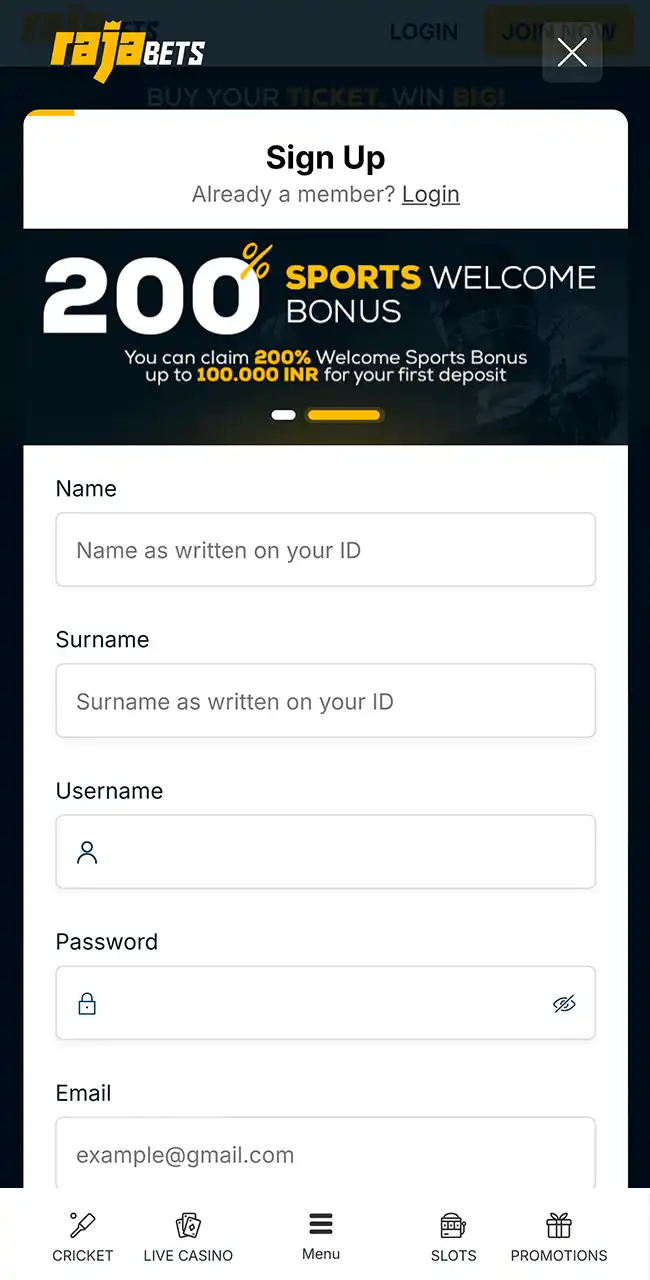 Formulario Sign Up de Rajabets con un banner de bono de bienvenida deportivo del 200 % y campos de nombre, apellido, usuario, contraseña y correo