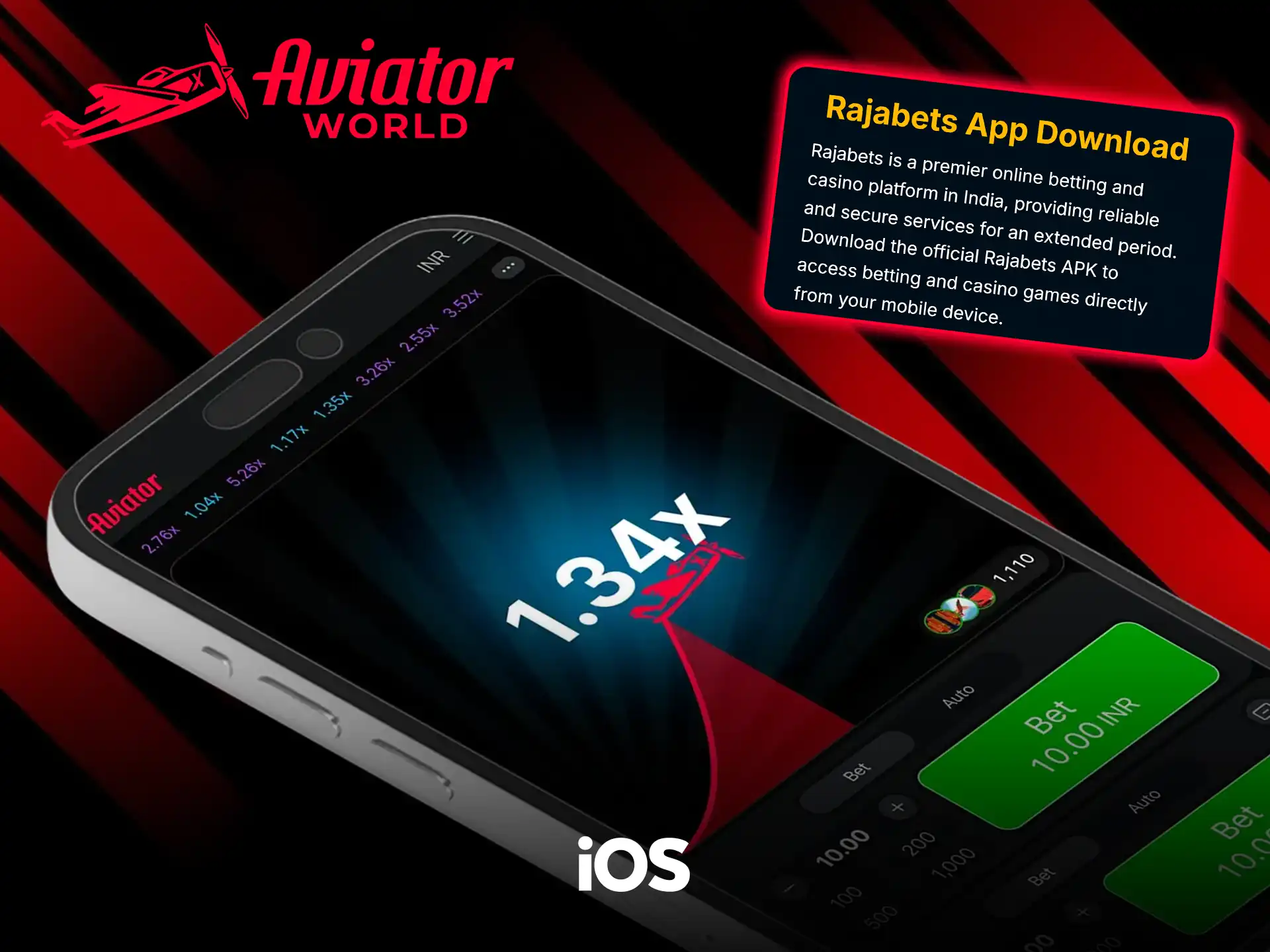 Ronda de Aviator a 1.34x en un iPhone, junto a una tarjeta Rajabets App Download