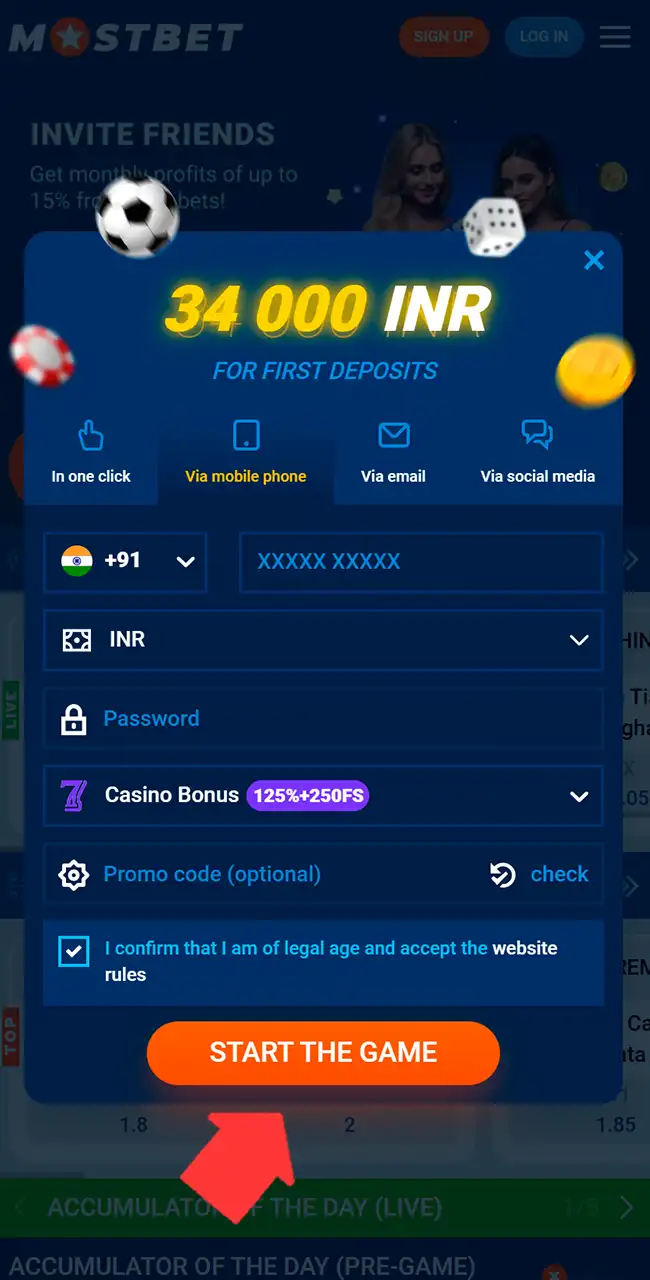 Parte inferior del formulario de registro de Mostbet con una flecha que señala el botón Start the game
