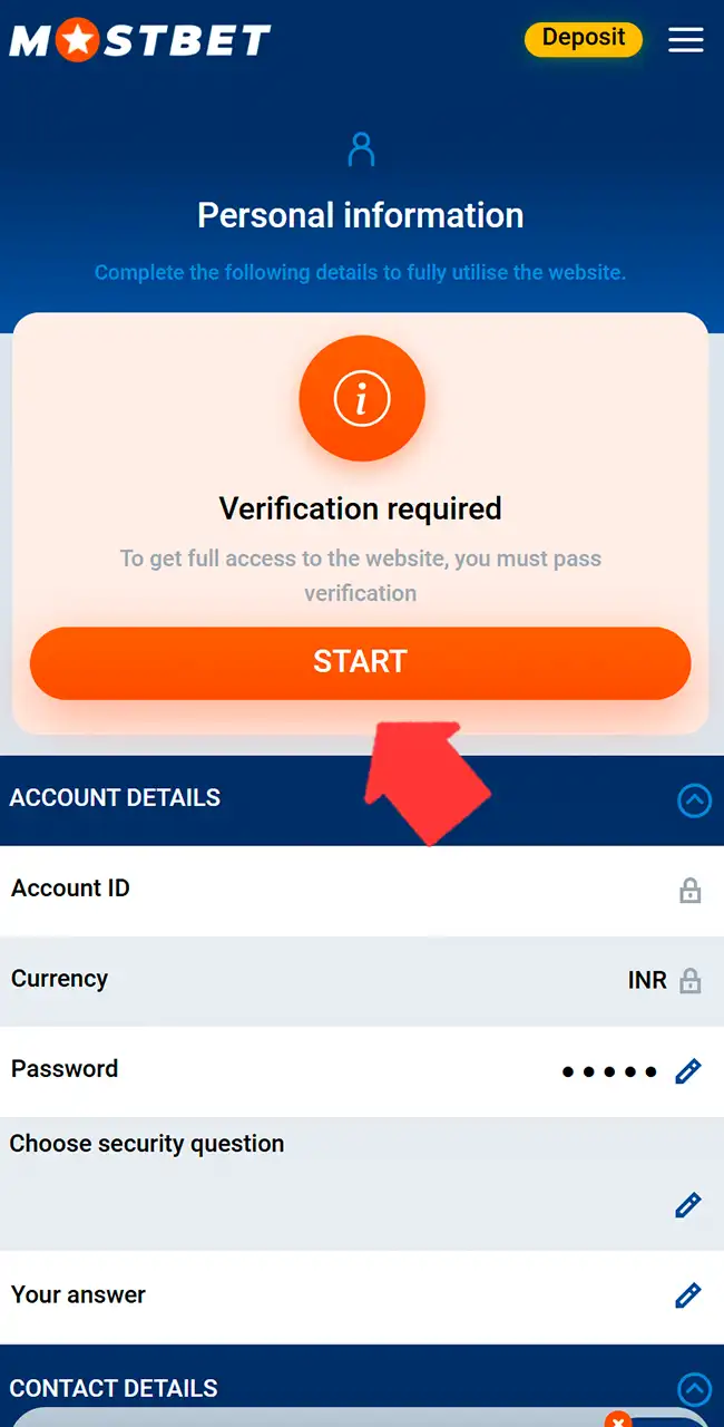 Página de información personal de Mostbet con un aviso Verification required y una flecha que señala el botón Start