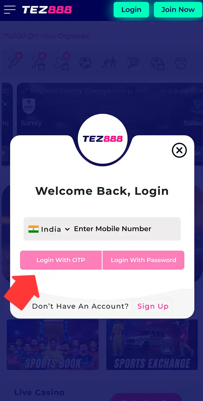 Ventana de acceso de Tez888 con un campo para el número de móvil y los botones Login With OTP y Login With Password
