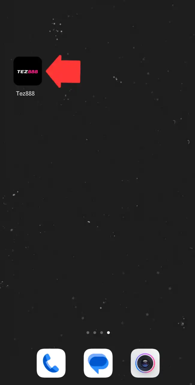 Pantalla de inicio de Android con el icono de Tez888 y una flecha que lo señala