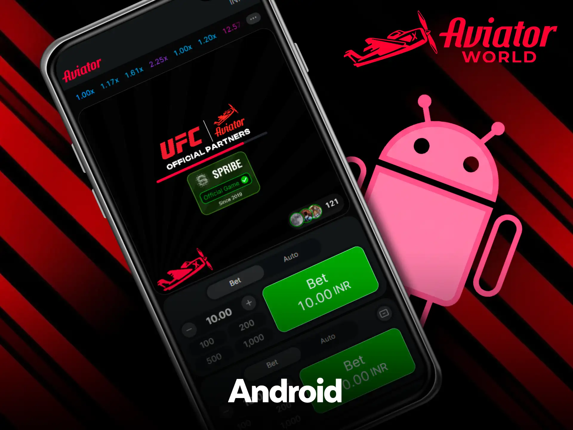 Aviator cargando en un teléfono Android con el logotipo UFC Official Partners y el distintivo Spribe Official Game, junto a un logotipo de Android