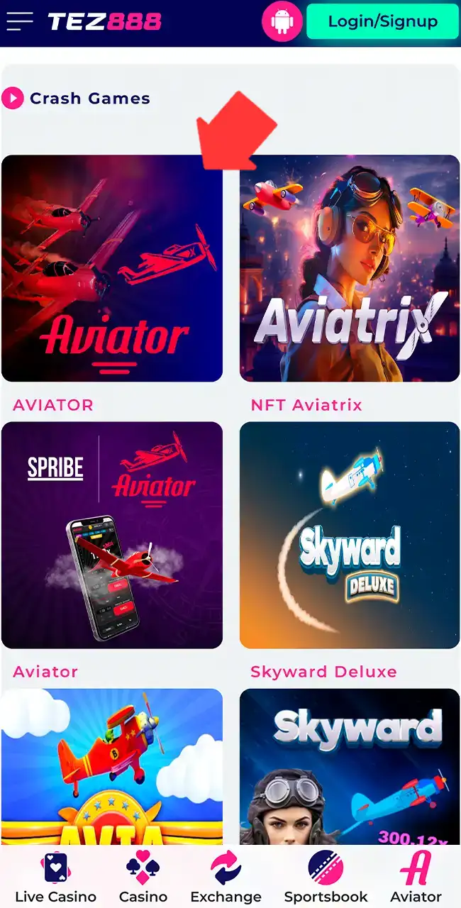 Sección Crash Games de Tez888 con una flecha en una ficha de Aviator