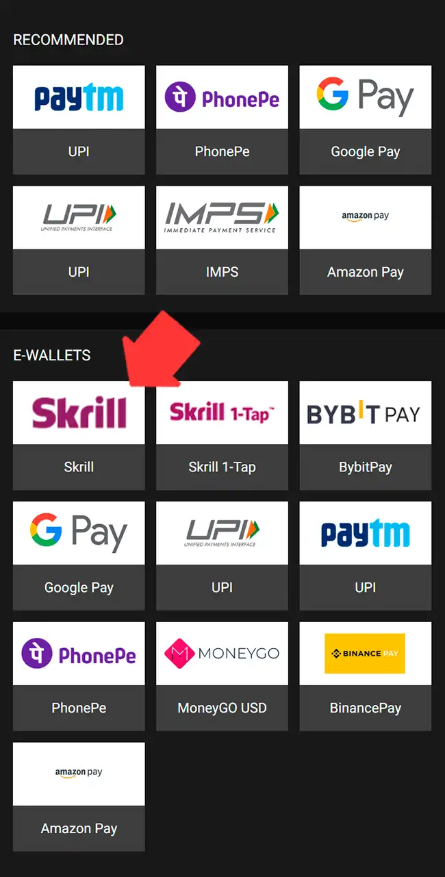 Pantalla de métodos de depósito con métodos de pago locales, Google Pay y Amazon Pay, y monederos electrónicos como Skrill, BybitPay y Binance Pay