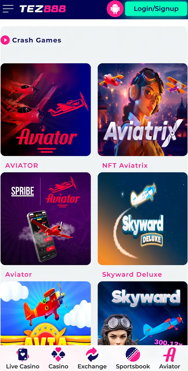 Sección Crash Games del lobby móvil de Tez888 con dos fichas de Aviator, una marcada como Spribe, junto a NFT Aviatrix y Skyward Deluxe
