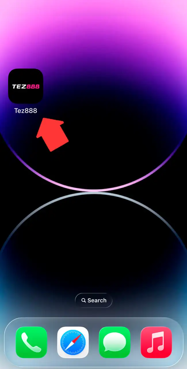 Pantalla de inicio de iPhone con el icono de Tez888 y una flecha que lo señala