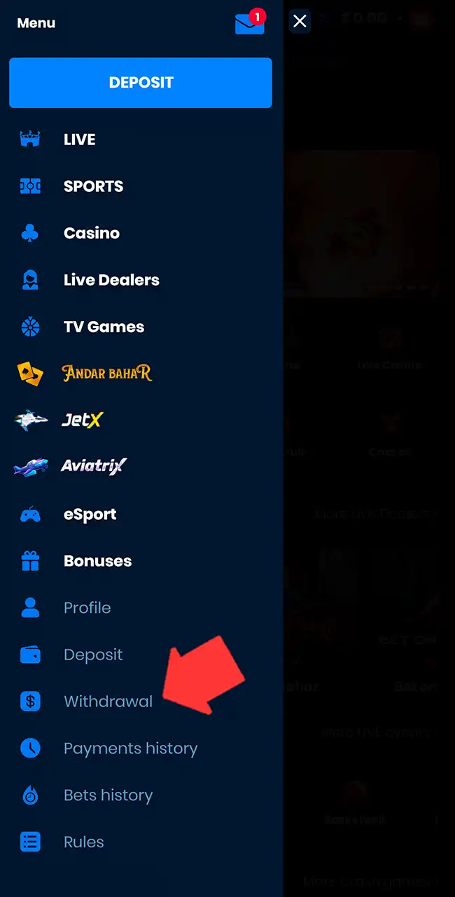 Menú móvil de 4rabet con una flecha que señala Withdrawal, entre Deposit y Payments history